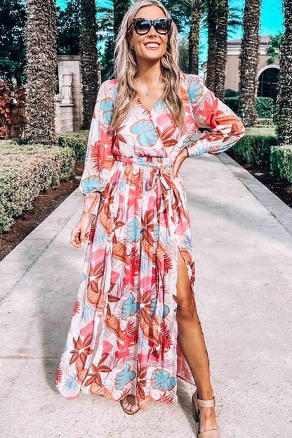 Tropical Paradise Wrap Maxi Dress with High Slit and Plant Print