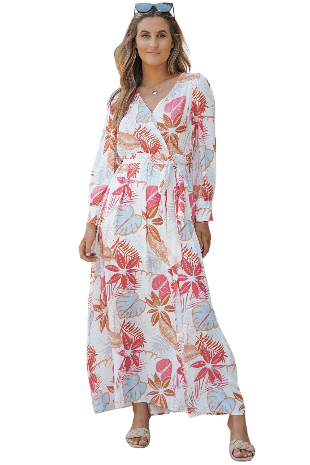 Tropical Paradise Wrap Maxi Dress with High Slit and Plant Print