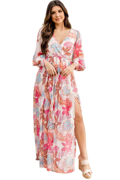 Tropical Paradise Wrap Maxi Dress with High Slit and Plant Print