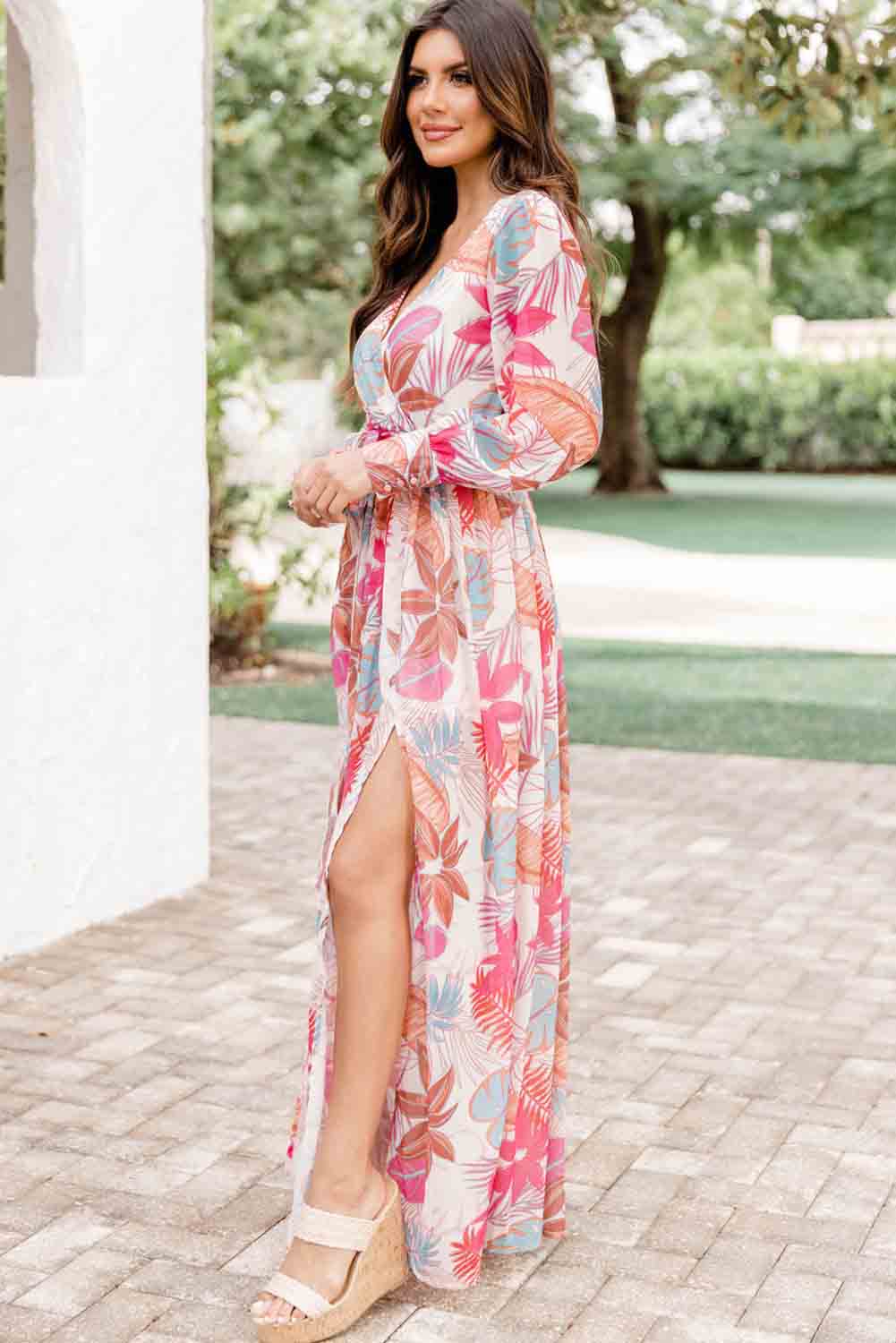 Tropical Paradise Wrap Maxi Dress with High Slit and Plant Print