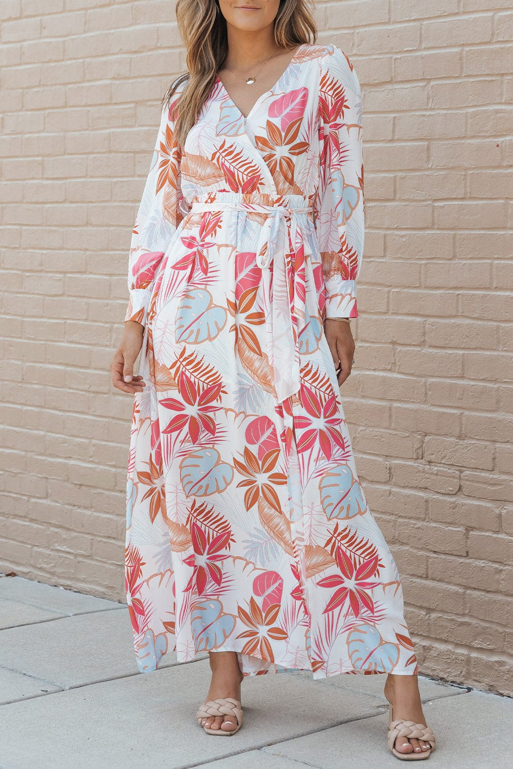 Tropical Paradise Wrap Maxi Dress with High Slit and Plant Print