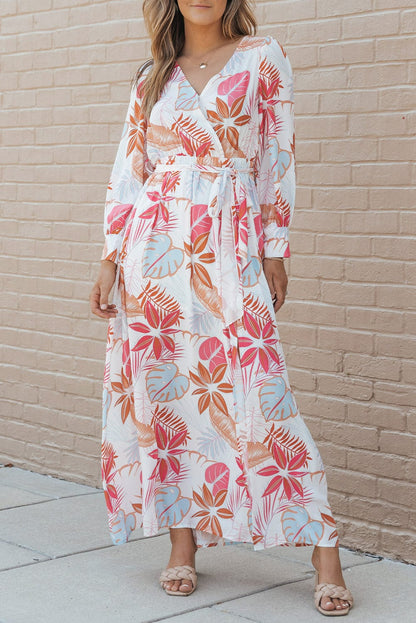 Tropical Paradise Wrap Maxi Dress with High Slit and Plant Print