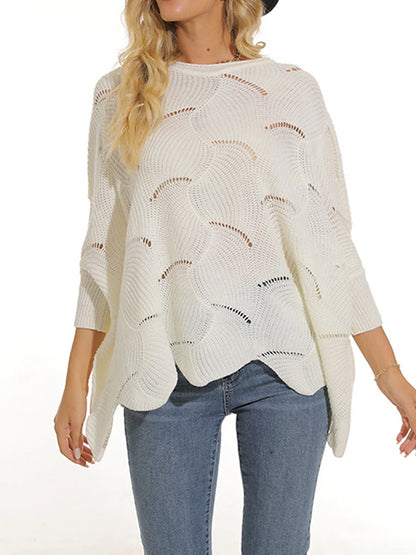 Women's Pullover Sweater Jumper Crew Neck Ribbed Knit Acrylic Hole Summer Spring Daily Going out Weekend Stylish Casual Soft 3/4 Length Sleeve Solid Color Black White Yellow S M L