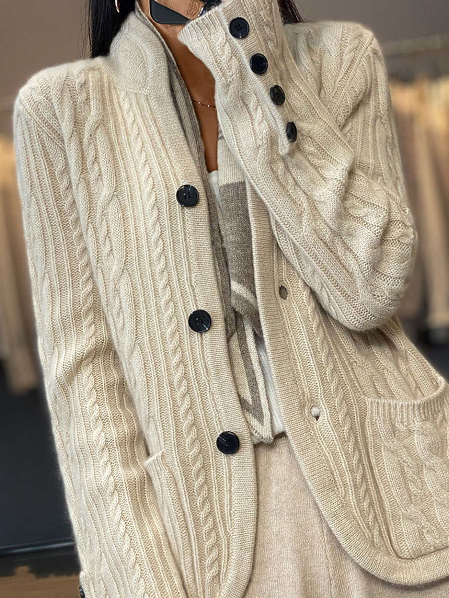 Women's Cardigan Sweater V Neck Cable Knit Polyester Button Pocket Fall Winter Short Daily Going out Weekend Stylish Casual Soft Long Sleeve Solid Color White Camel Brown S M L