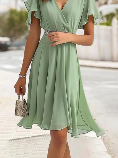Women's Bridesmaid Dress Midi Dress Chiffon Split Thigh Wedding Party Date Elegant V Neck Short Sleeve Green Color