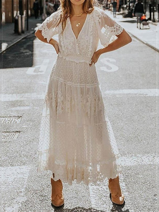Women's Dress - Party Dress Lace Dress Swing Dress Long Dress Maxi Dress White Short Sleeve Pure Color Lace Summer Spring V Neck Elegant 2023 S M L XL XXL 3XL