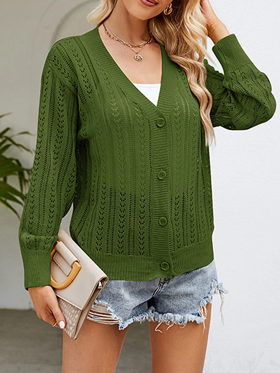 Women's Cardigan Sweater V Neck Crochet Knit Polyester Button Hole Summer Spring Daily Going out Weekend Stylish Casual Soft Long Sleeve Solid Color Purple Green Khaki S M L