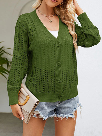 Women's Cardigan Sweater V Neck Crochet Knit Polyester Button Hole Summer Spring Daily Going out Weekend Stylish Casual Soft Long Sleeve Solid Color Purple Green Khaki S M L