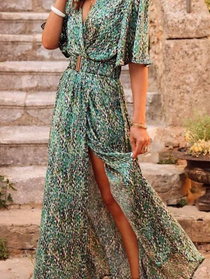Women's Dress - Long Dress Maxi Dress Casual Dress Floral Dress Boho Dress Floral Casual Outdoor Daily Going out Lace up Split Long Sleeve V Neck Dress Loose Fit Black Red Green Fall Spring S M L XL XXL