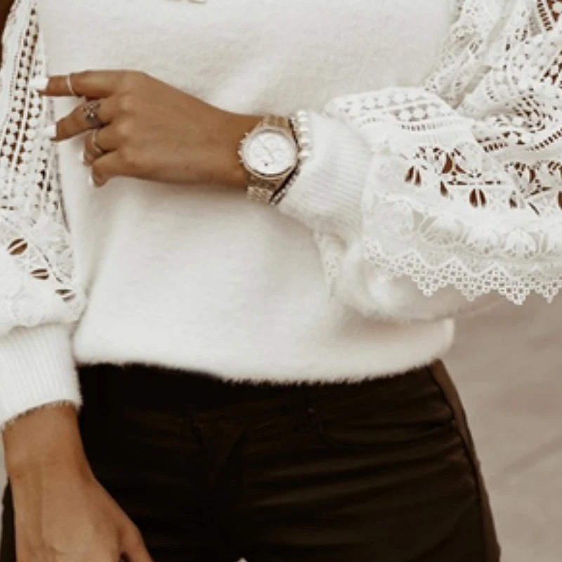Women's Pullover Sweater Jumper Crew Neck Crochet Knit Lace Trims Fall Winter Cropped Daily Holiday Casual Long Sleeve Solid Color Floral White S M L