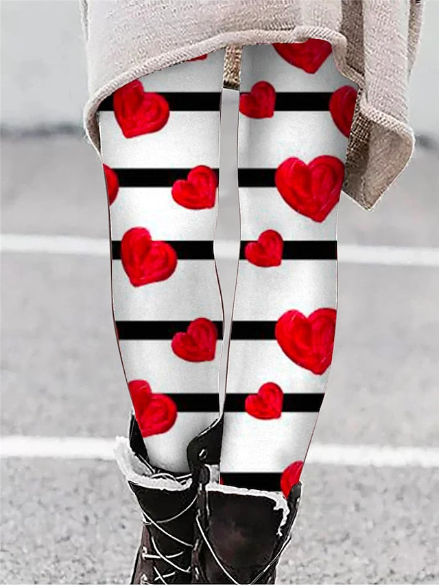 Women's Leggings Polyester Heart Wine Black Active High Waist Long Valentine's Day Vacation Spring