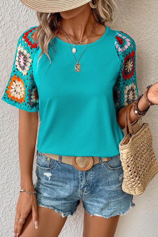 Turquoise Crochet Floral Short Sleeve Blouse