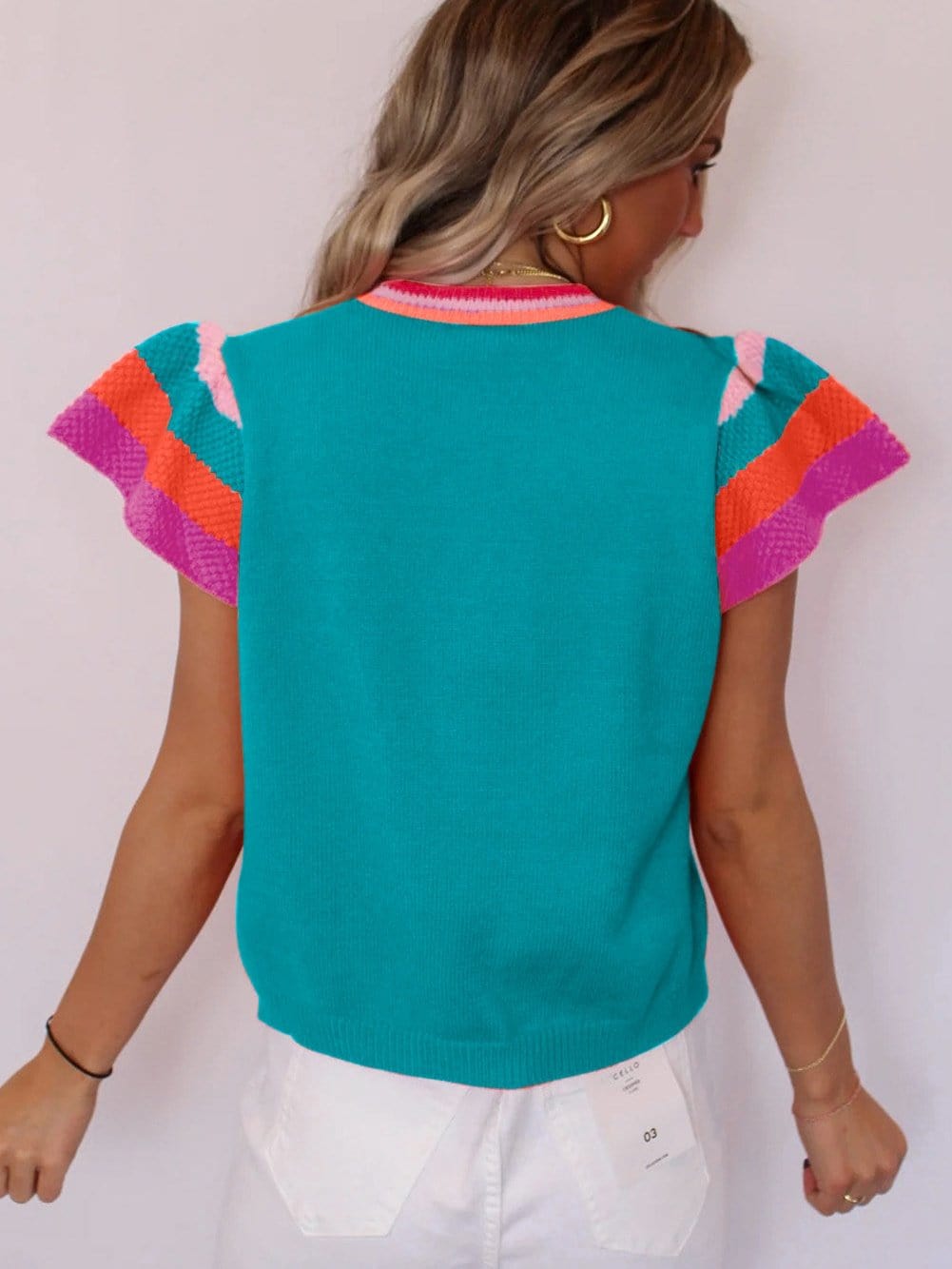 Turquoise Flutter Sleeve Colorblock Knit Top