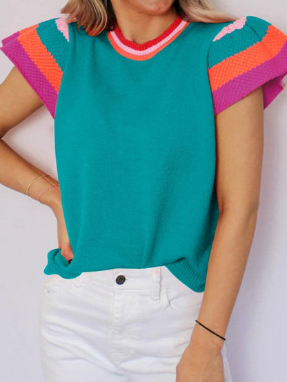 Turquoise Flutter Sleeve Colorblock Knit Top