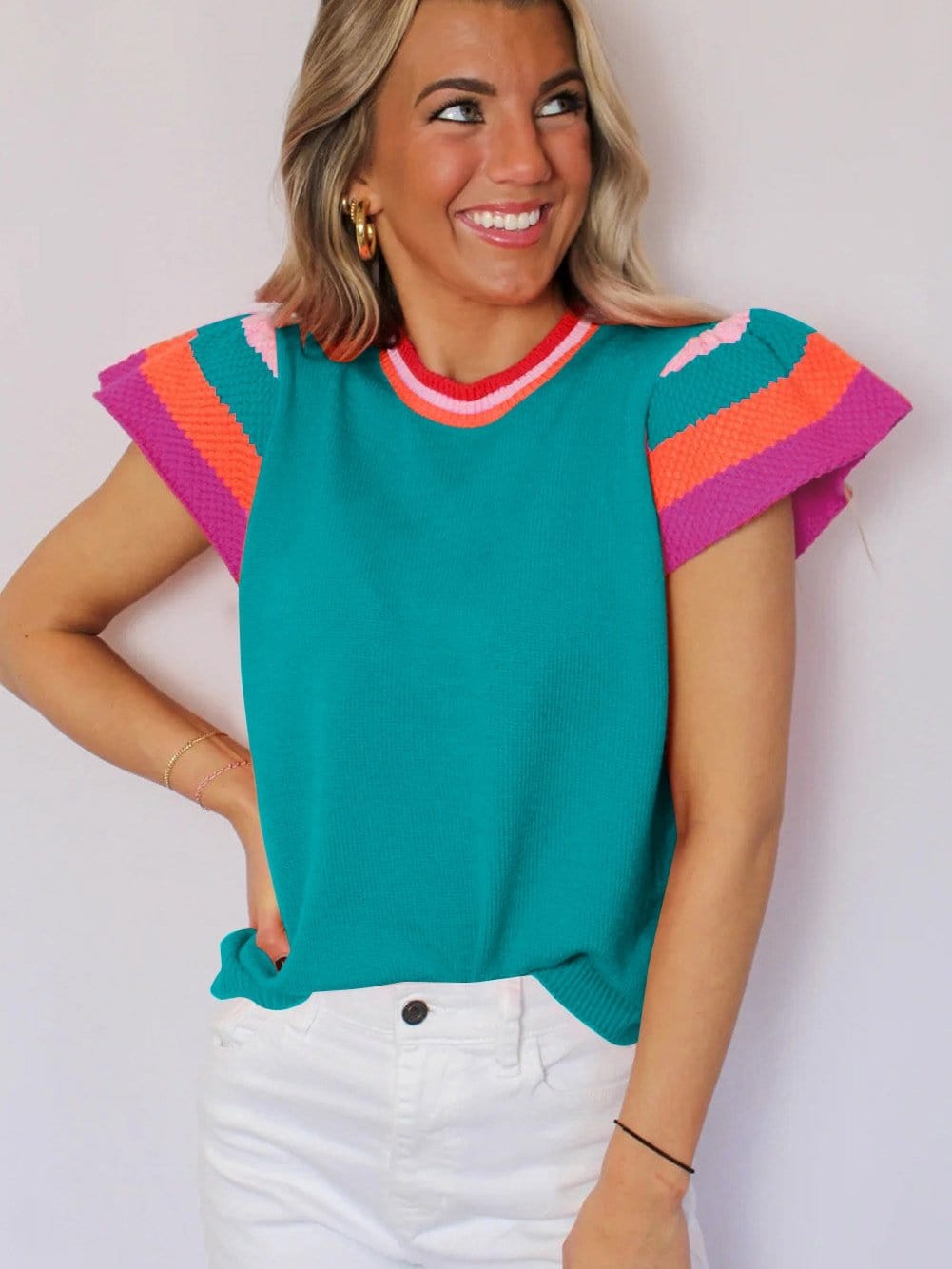 Turquoise Flutter Sleeve Colorblock Knit Top