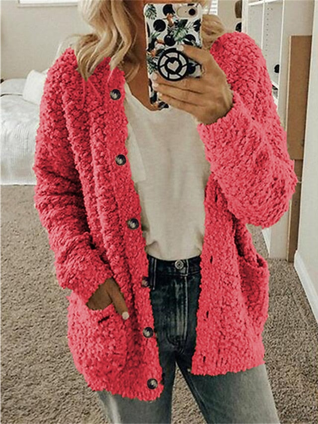 Women's Cardigan Sweater Cowl Ribbed Knit Polyester Pocket Fall Winter Home Daily Holiday Stylish Casual Soft Long Sleeve Solid Color Maillard Black White Pink S M L