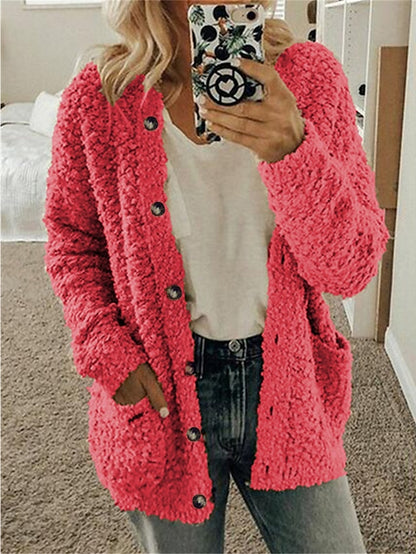 Women's Cardigan Sweater Cowl Ribbed Knit Polyester Pocket Fall Winter Home Daily Holiday Stylish Casual Soft Long Sleeve Solid Color Maillard Black White Pink S M L