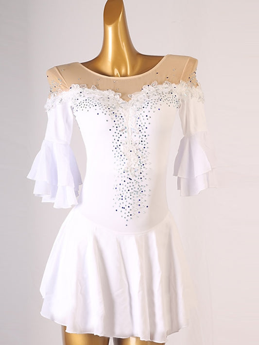 Figure Skating Dress Ruffles Crystals / Rhinestones Women's Girls' Training Performance Half Sleeve High Mesh Spandex - LuckyFash™