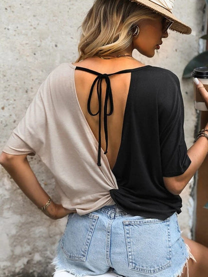 Twist Back Black Color Block V-Neck Short Sleeve Top