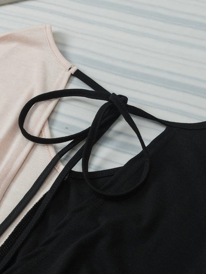 Twist Back Black Color Block V-Neck Short Sleeve Top