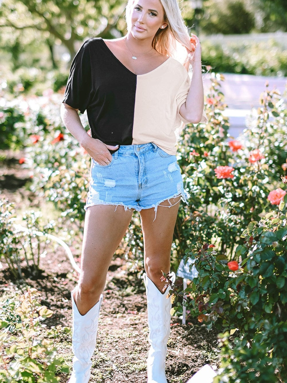 Twist Back Black Color Block V-Neck Short Sleeve Top