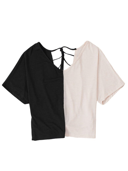 Twist Back Black Color Block V-Neck Short Sleeve Top