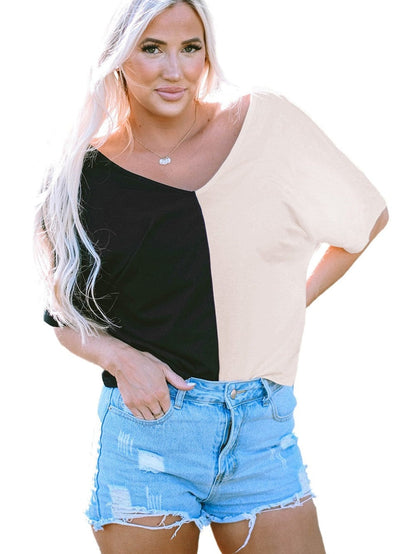 Twist Back Black Color Block V-Neck Short Sleeve Top