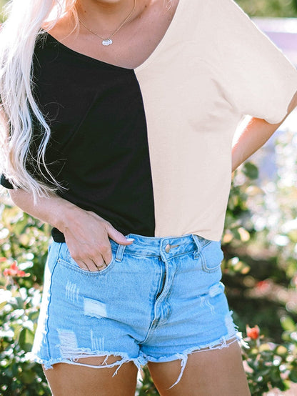 Twist Back Black Color Block V-Neck Short Sleeve Top