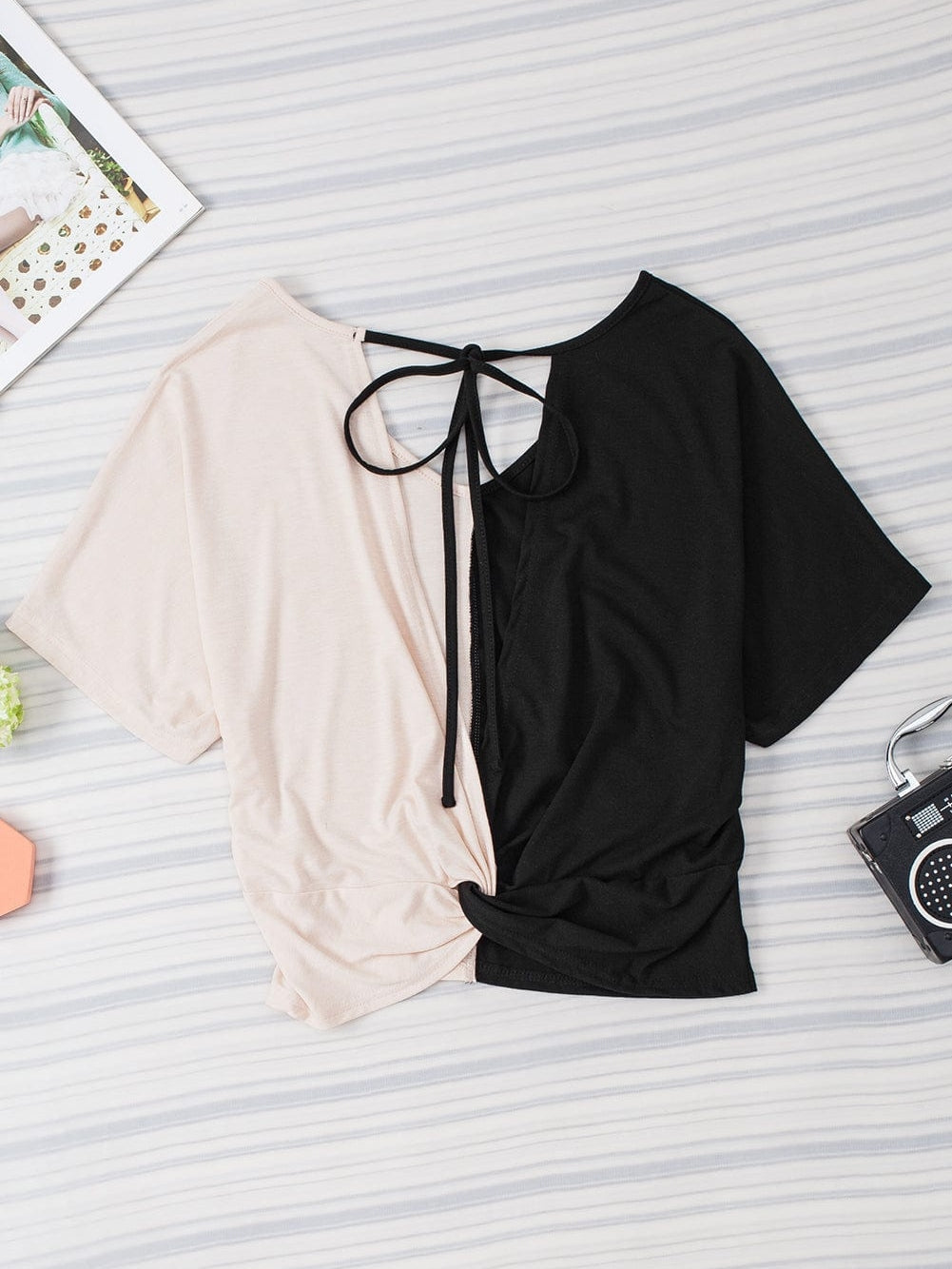 Twist Back Black Color Block V-Neck Short Sleeve Top