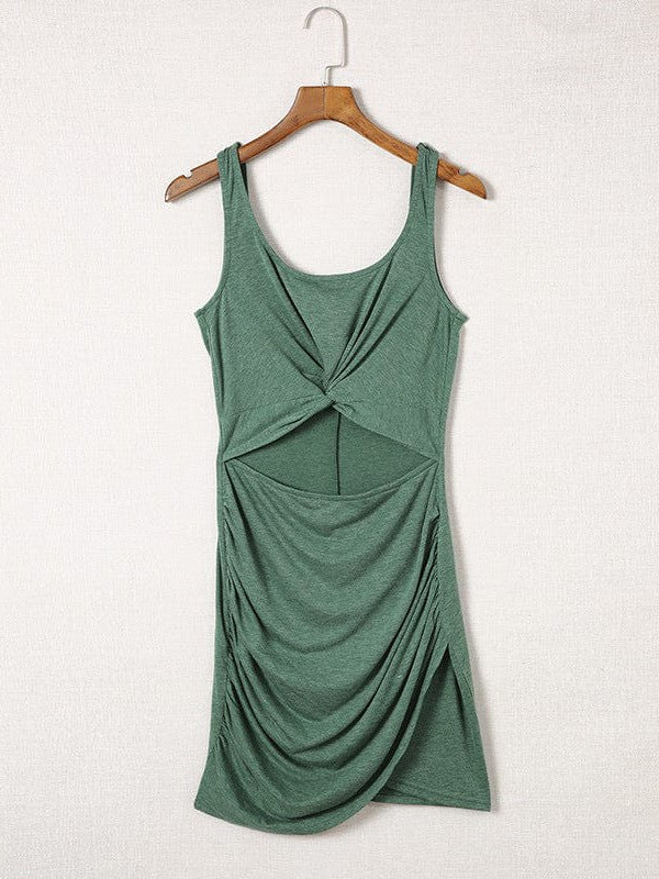 Twist Hip Wrap Sleeveless Dress with High Waist Square Neck