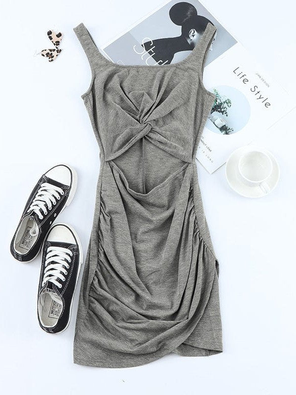 Twist Hip Wrap Sleeveless Dress with High Waist Square Neck