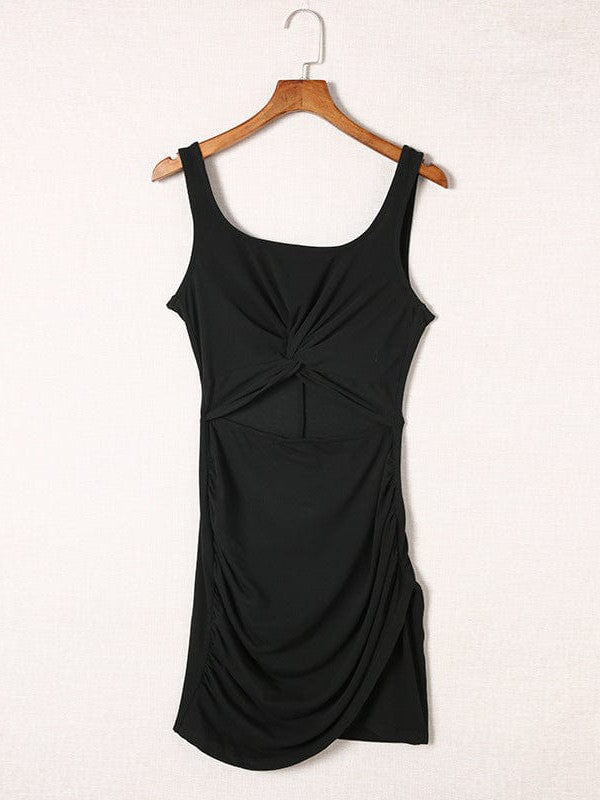 Twist Hip Wrap Sleeveless Dress with High Waist Square Neck