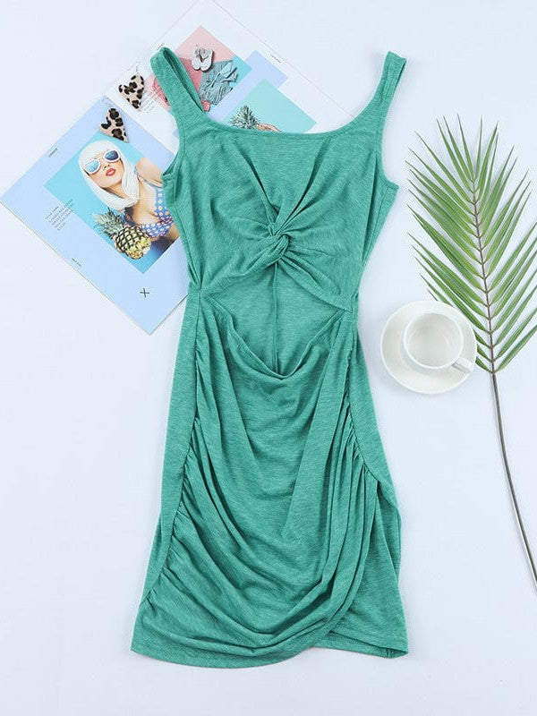 Twist Hip Wrap Sleeveless Dress with High Waist Square Neck