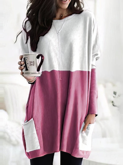 Two-Color Stitching Pocket Loose Long Sleeve T-Shirt