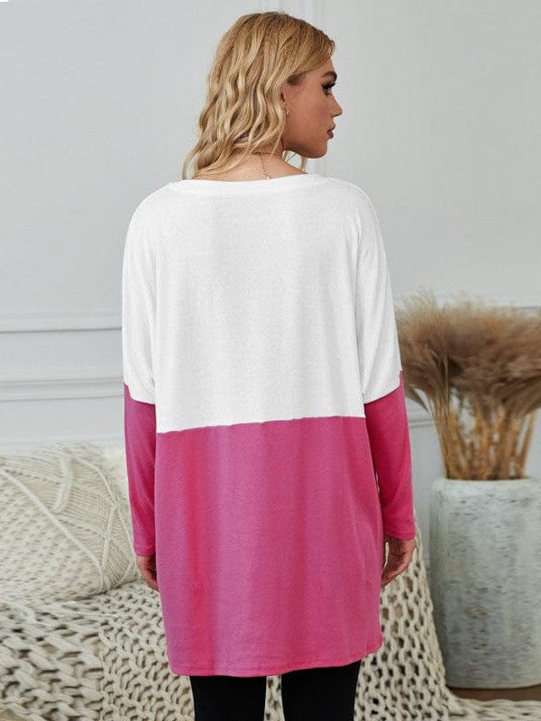 Two-Color Stitching Pocket Loose Long Sleeve T-Shirt