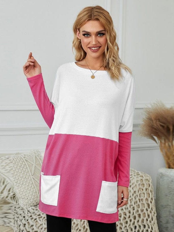 Two-Color Stitching Pocket Loose Long Sleeve T-Shirt