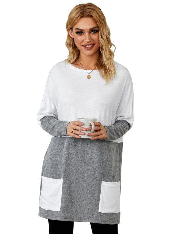 Two-Color Stitching Pocket Loose Long Sleeve T-Shirt