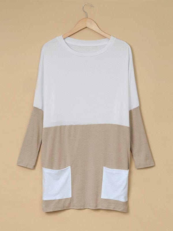 Two-Color Stitching Pocket Loose Long Sleeve T-Shirt