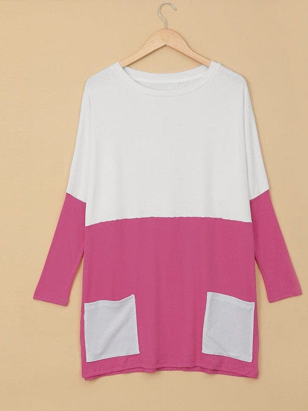 Two-Color Stitching Pocket Loose Long Sleeve T-Shirt