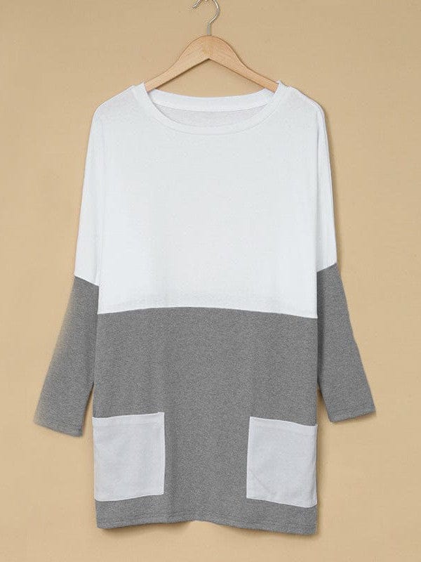 Two-Color Stitching Pocket Loose Long Sleeve T-Shirt