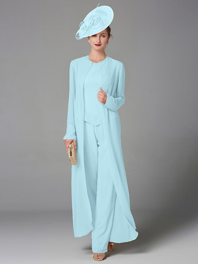 Jumpsuit / Pantsuit 3 Piece Mother of the Bride Dress Formal Plus Size Elegant Wrap Included Bateau Neck Floor Length Chiffon Sleeveless with Beading Appliques 2023 - LuckyFash™