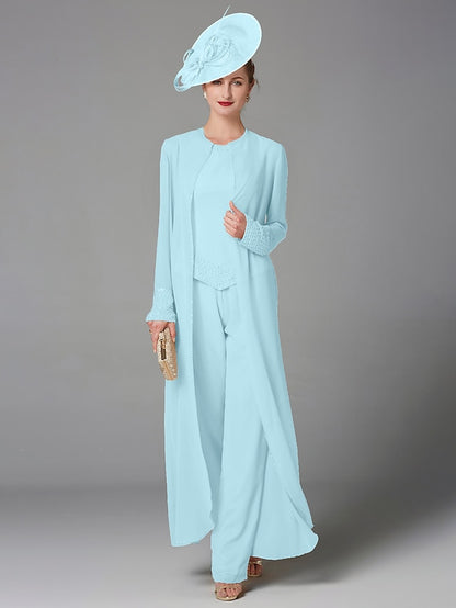 Jumpsuit / Pantsuit 3 Piece Mother of the Bride Dress Formal Plus Size Elegant Wrap Included Bateau Neck Floor Length Chiffon Sleeveless with Beading Appliques 2023 - LuckyFash™