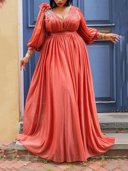 Women's Dress - Plus Size Party Dress Solid Color V Neck Ruched 3/4 Length Sleeve Spring Fall Elegant Formal Prom Dress Maxi long Dress Party Back to School Dress / Homecoming Dress