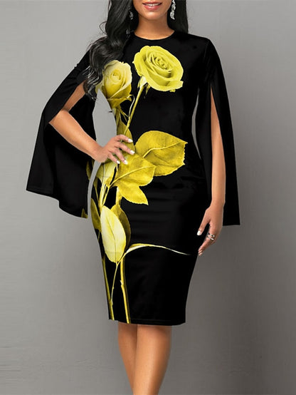 Women's Dress - Bodycon Sheath Dress Church Dress Midi Dress Black White Long Sleeve Floral Split Summer Spring Crew Neck Stylish Winter Dress Fall Dress 2023 S M L XL XXL