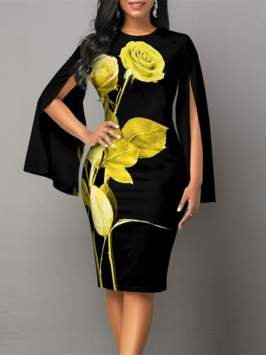 Women's Dress - Bodycon Sheath Dress Church Dress Midi Dress Black White Long Sleeve Floral Split Summer Spring Crew Neck Stylish Winter Dress Fall Dress 2023 S M L XL XXL