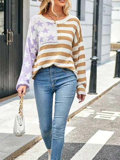 Women's Pullover Sweater Jumper Crew Neck Ribbed Knit Acrylic Patchwork Summer Spring Daily Going out Weekend Stylish Casual Soft Long Sleeve Star Striped Fuchsia Khaki S M L