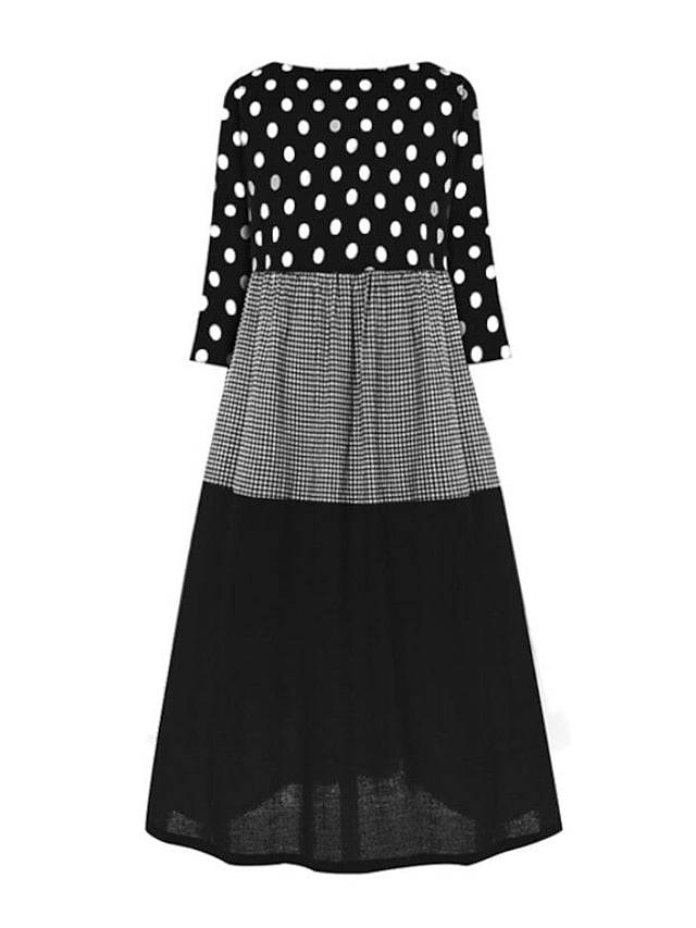 Women's Dress - A Line Dress Maxi long Dress Black Yellow Red Long Sleeve Polka Dot Patchwork Summer Spring Crew Neck Hot Winter Dress Fall Dress Loose Fit 2023 M L XL XXL 3XL 4XL 5XL