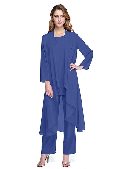 Jumpsuit / Pantsuit Mother of the Bride Dress Plus Size Elegant Bateau Neck Floor Length Chiffon Sleeveless yes with Solid Color 2023 - LuckyFash™
