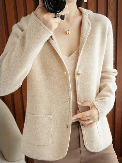 Women's Cardigan Shirt Collar Ribbed Knit Polyester Button Pocket Knitted Fall Winter Short Outdoor Daily Going out Stylish Casual Soft Long Sleeve Solid Color Purple Beige S M L