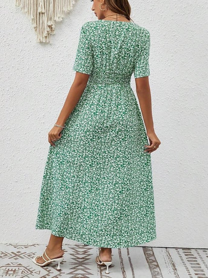 Women's Floral Maxi Dress Green Chiffon A Line Dress Tiered V Neck Hawaiian BeachVacation Short Sleeve Button Summer